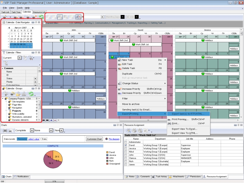 Calendar template software for multiuser realtime calendar management